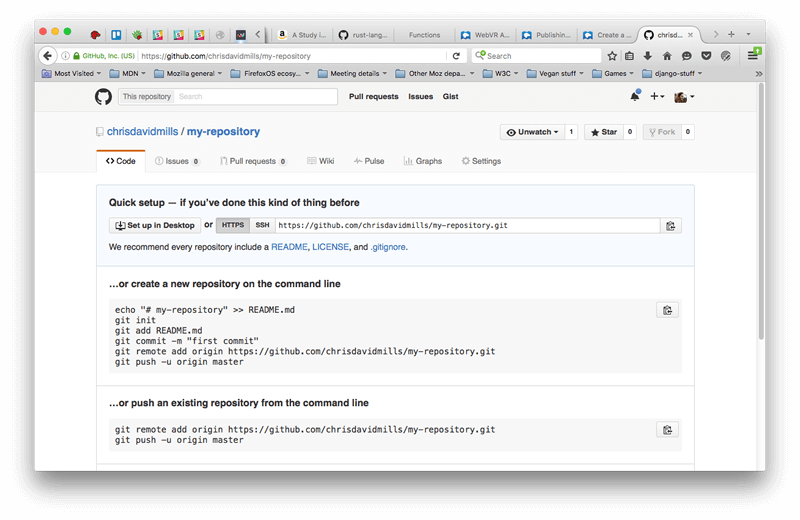 The repository page is opened in browser, below the GitHub header composed of search bar and navigation links to the repository's pull request, issues and gist. Next to the navigation links, a bell notification and a link to your account. Below, the name of the owner's repository follow by a slash with the repository's name. Below a horizontal navigation bar composed of different tabs relating to your repository, the code tab selected displaying a documentation explaining how to create a repository or how to push from using command line.