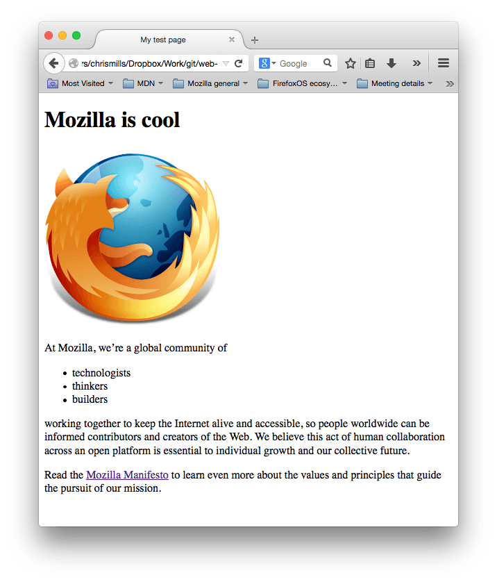 A web page screenshot showing a Firefox logo, a heading saying Mozilla is cool, and two paragraphs of filler text