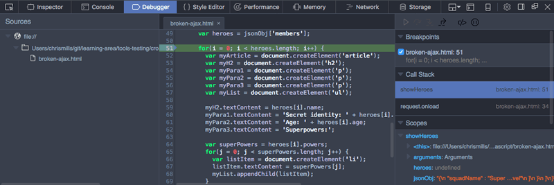 Firefox debugger with a breakpoint