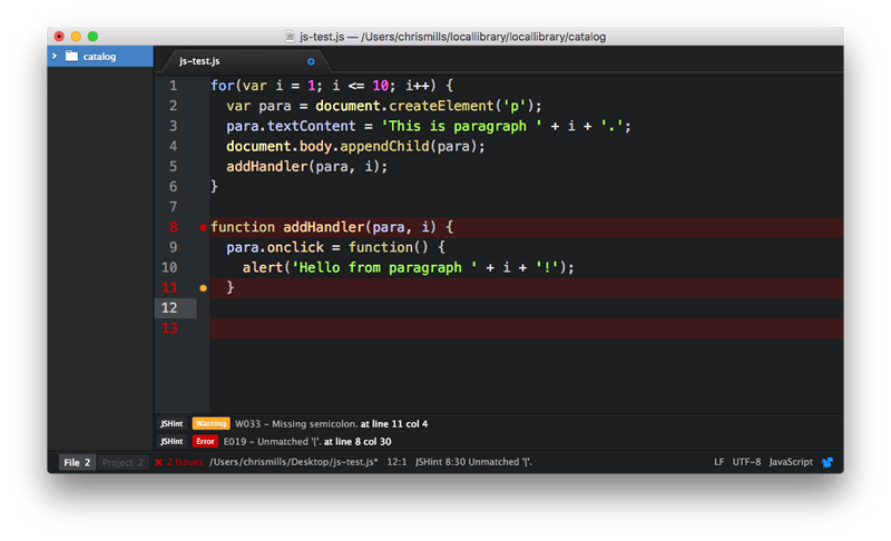 Screenshot of the JS Hint app. The narrow left panel is a file explorer or tree. The right panel has two sections. The top has a tab open to a color-coded and line-numbered JavaScript file. The very bottom has errors and warnings. Errors are red, and warnings are orange. If there is an error or warning on a line, there is a red or orange dot, respectively, next to the line number.