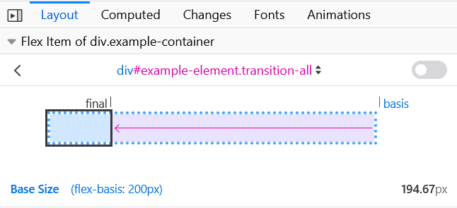 The Firefox Flexbox Inspector showing the size of the item once it has shrunk.