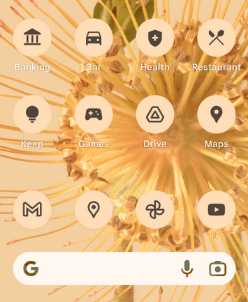 The Android 13 home screen, showing circular and color themed app icons