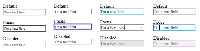 Captura de pantalla del atributo deshabilitado y predeterminado: estilo para una entrada de texto activa (con el foco) en Firefox, Safari, Chrome y Edge.