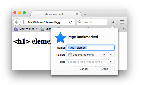 Se está marcando una página web en Firefox; el nombre del marcador se ha completado automáticamente con el contenido del elemento <title>