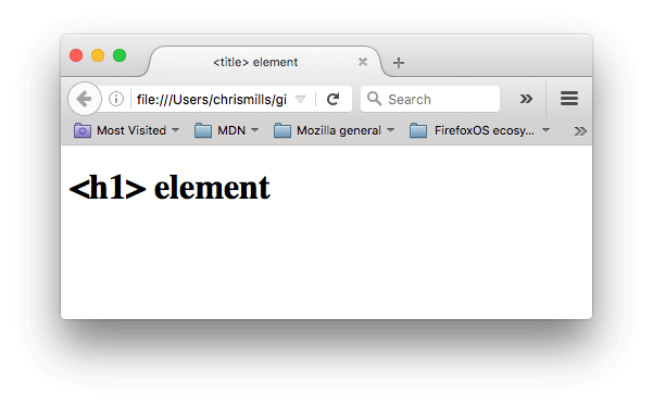 Una sencilla página web con el título configurado a <title> element, y el <h1> configurado a <h1> element.