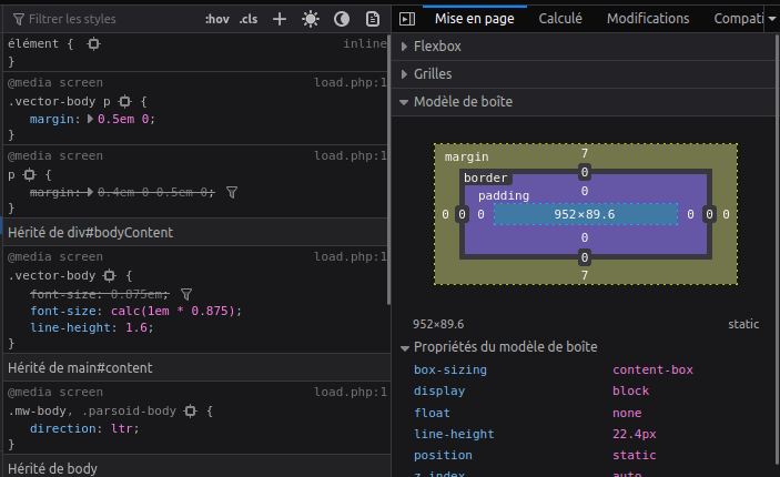 Un fragment du panneau CSS avec le panneau relatif à la mise en page qui peut être vu à côté de l'éditeur HTML dans les outils de développement. Par défaut, l'éditeur CSS affiche les règles CSS appliquée à l'élément en cours de sélection. Le panneau sur la disposition affiche les propriétés du modèle de boîte pour cet élément.