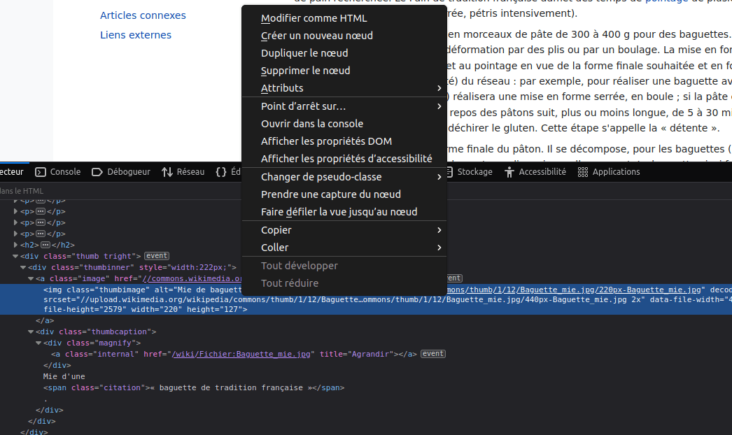 La sous-fenêtre des outils de développement du navigateur est ouverte et l'onglet de l'inspecteur est sélectionné. On a cliqué-droit sur un élément <a> sélectionné et le menu contextuel apparaît. Les options disponibles dans ce menu varient selon les navigateurs, mais les options les plus importantes sont principalement les mêmes.