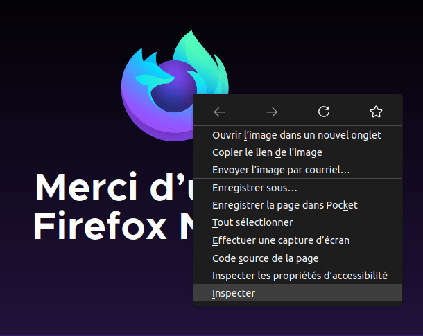 Le logo de Firefox comme un élément du DOM dans un site web d'exemple avec le menu contextuel affiché. Ce menu contextuel apparaît lors d'un clic-droit sur n'importe quel élément d'une page web. La dernière option du menu indique « Inspecter ».