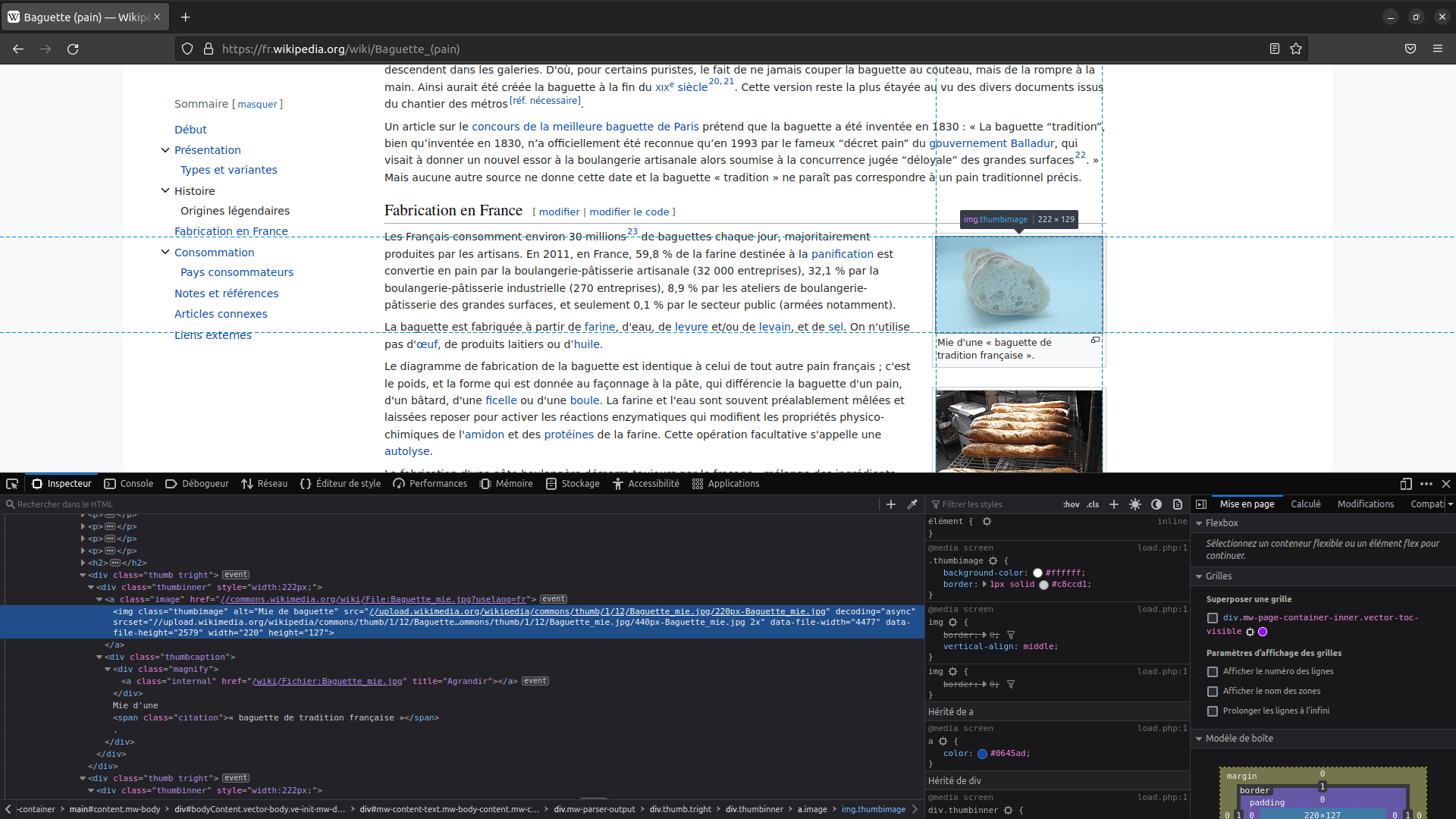 Un site web de test est ouvert dans un onglet du navigateur. La sous-fenêtre des outils de développement est ouverte. Les outils de développement ont plusieurs onglets. L'inspecteur fait partie de ces onglets et affiche le code HTML du site web. Une balise img est sélectionnée dans le code HTML. Avec cette sélection, l'image correspondante sur le site web est mise en évidence.