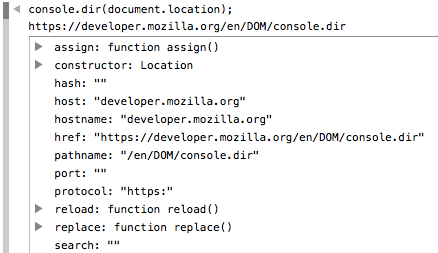 Une capture d'écran de l'instruction console.dir() où on peut voir les propriétés de document.location