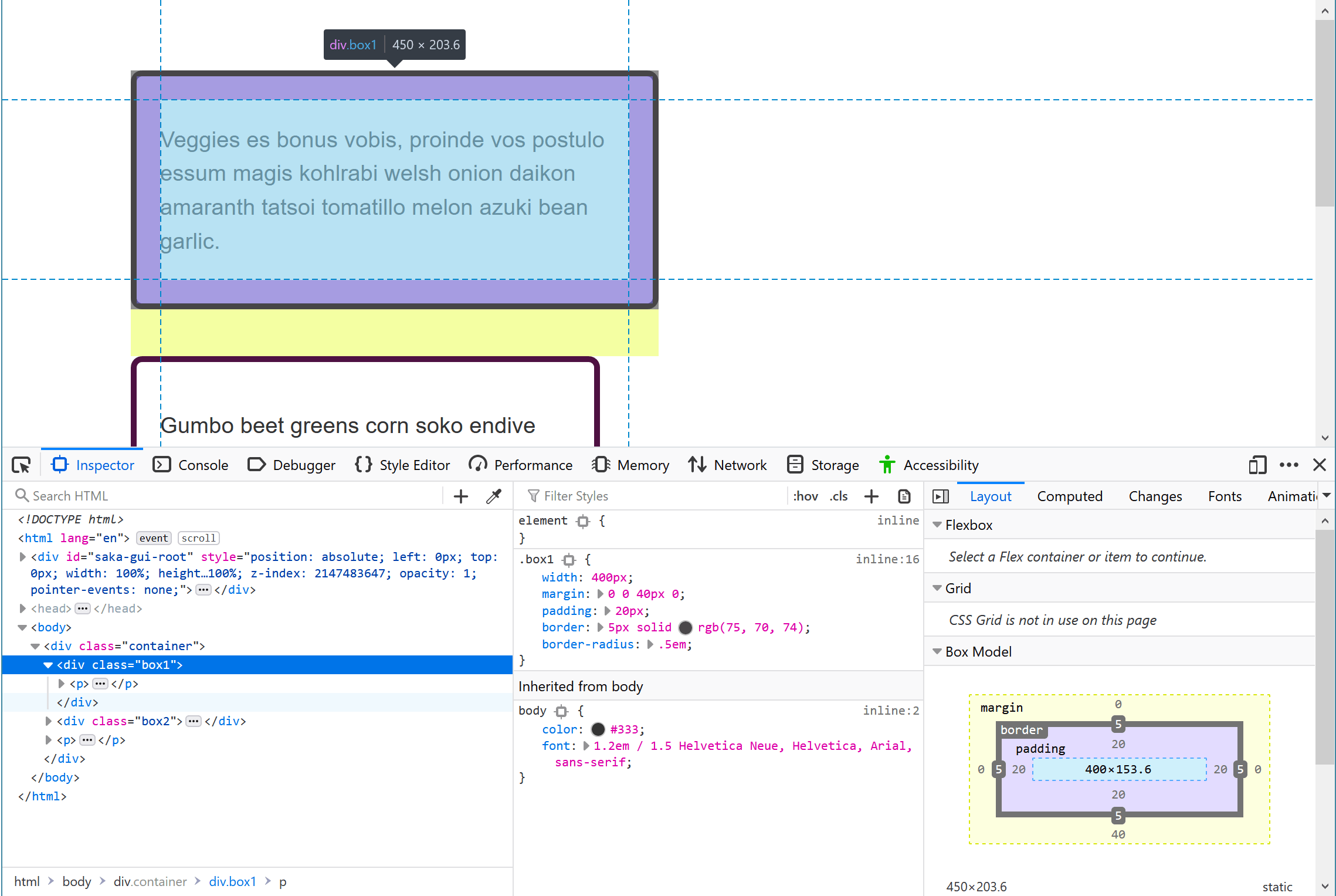 DevToolsを開いたこのチュートリアルのサンプルページ。