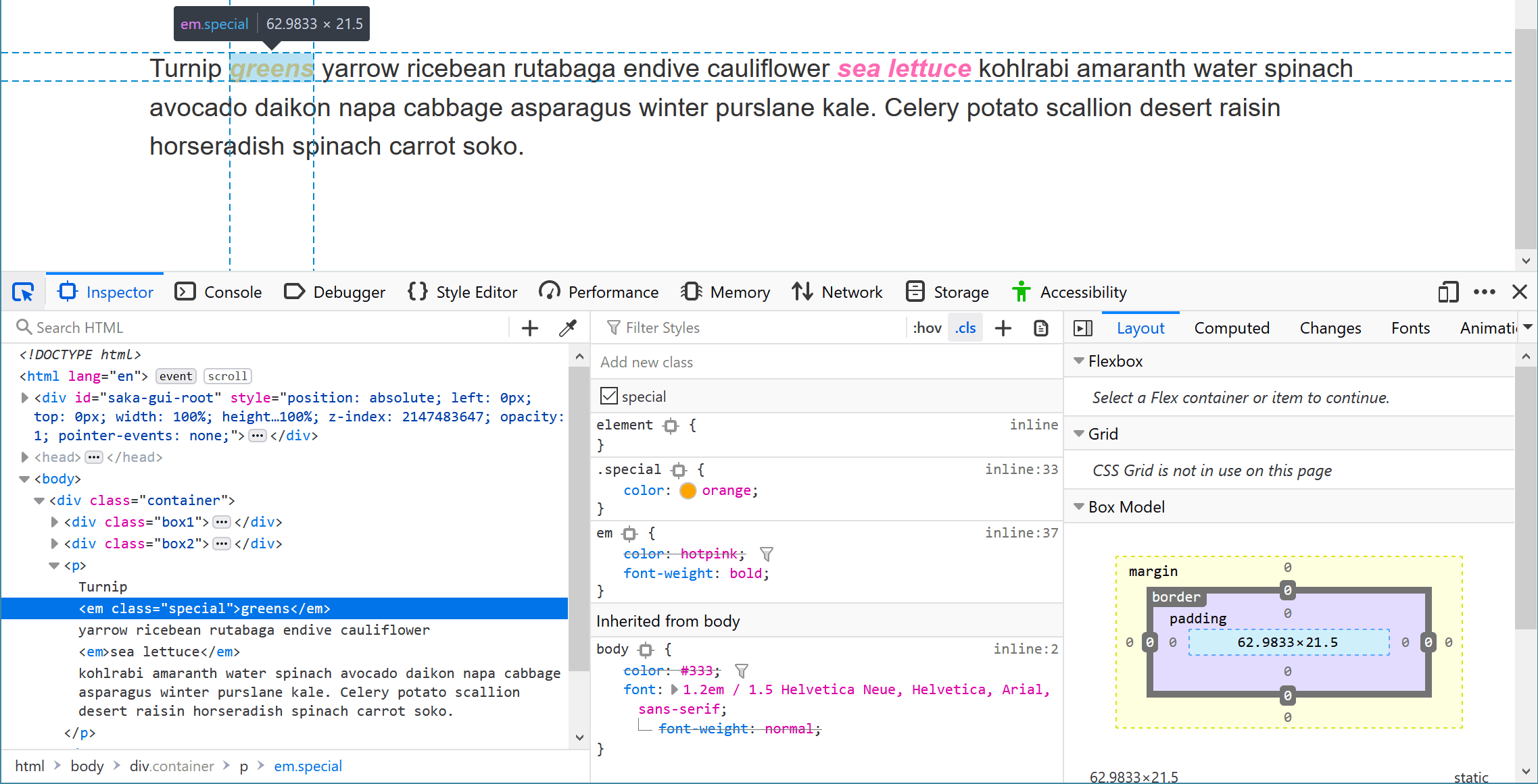 emを選択し、DevToolsを見て、何が色を上書きしているかを確認します。