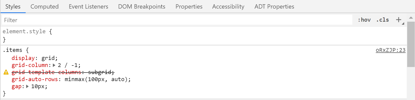 grid-template-columns：サブグリッド値がサポートされていないため、サブグリッドに線を引いたブラウザーDevToolsの画像。