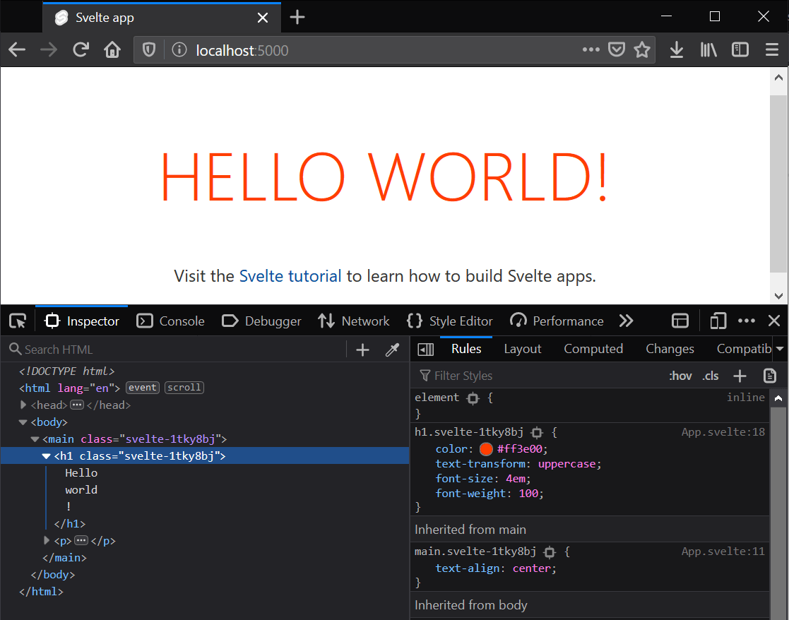 Svelte のスターターアプリを devtools で開くとスコープされたスタイルのクラスが表示される