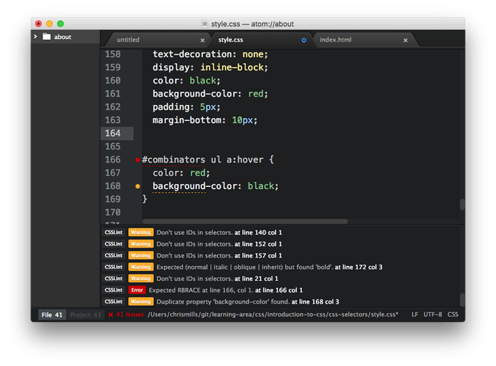 CSSLint lists errors including missing brackets, and warning such as too high specificity.