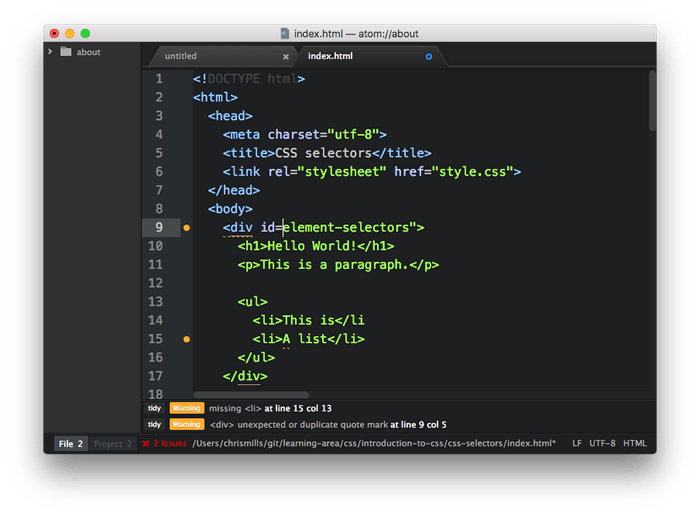Screen shot showing how html tidy points out a missing quote.
