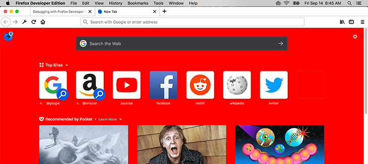 Browser firefox is white. The new tab page background is red, with google search at the top, follow by top sites shortcut and recommended articles.