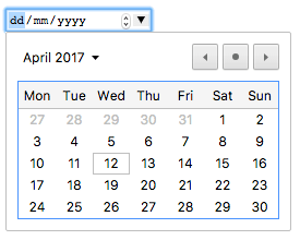 A textbox containing “dd/mm/yyyy”, an increment/decrement button combo, and a downward arrow that opens into a calendar control.