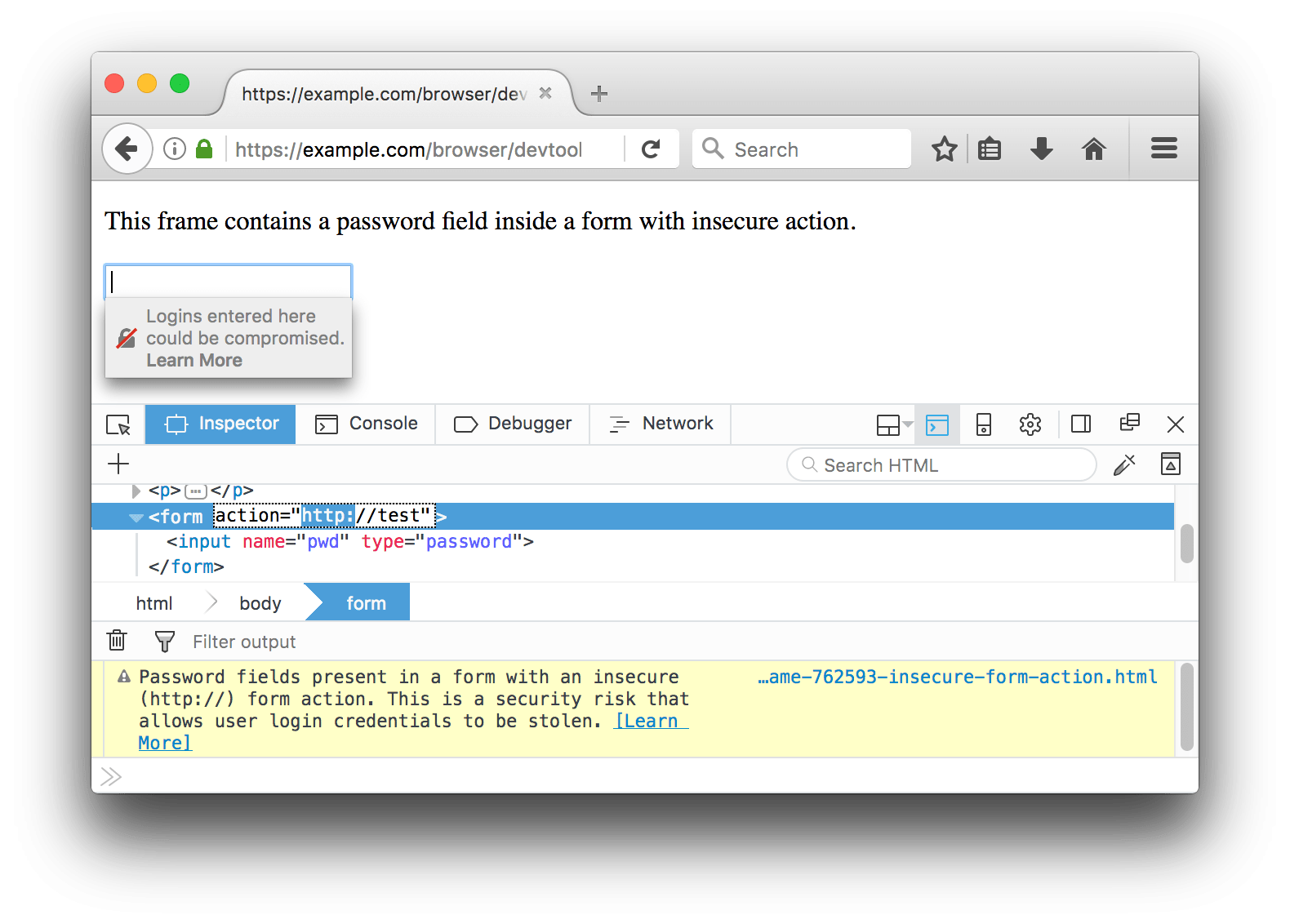 Insecure login form action shown with the Web Console and contextual warning on the password field.