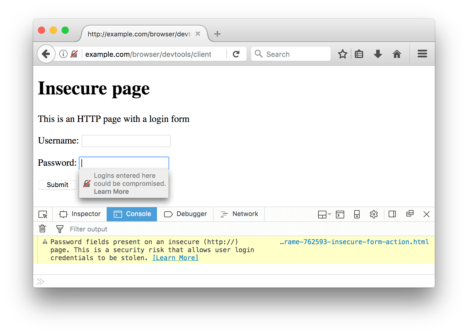 Insecure login form shown with the Web Console and contextual warning on the password field.