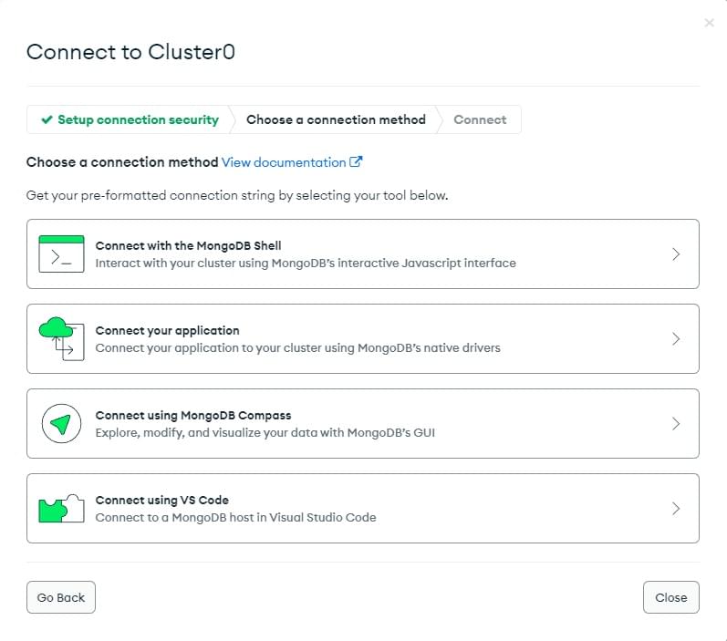 Choose a connection type when connecting with MongoDB Atlas.