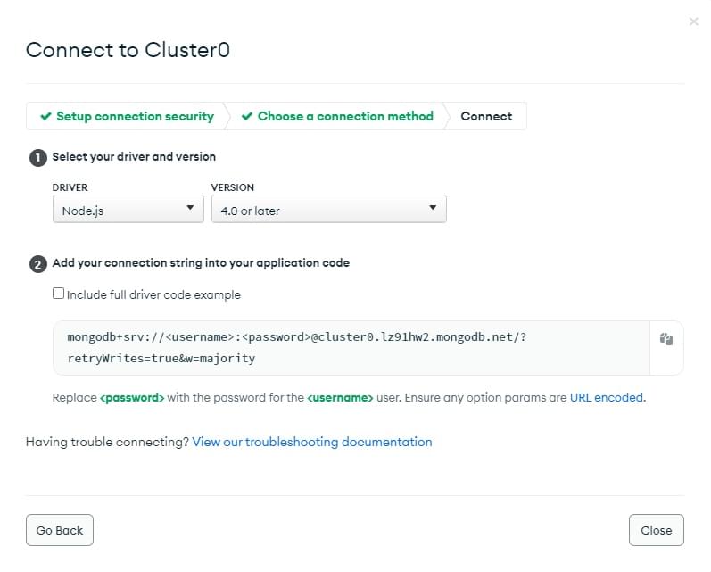Choose the Short SRV connection when settinup a connection on MongoDB Atalas.