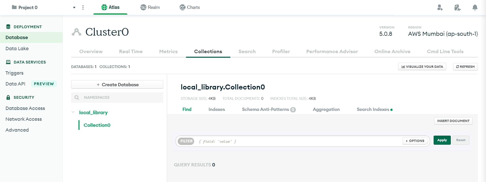 Database creation confirmation on MongoDB Atlas.