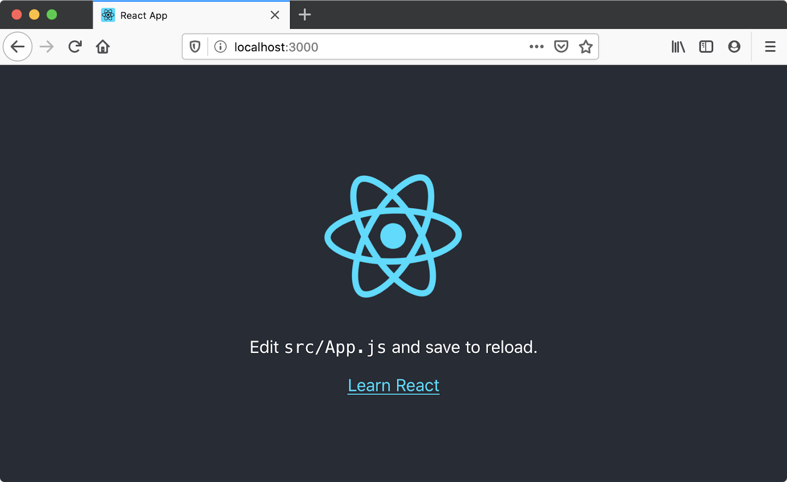 Firefox MacOS 的屏幕截图，打开到 localhost：3000，显示了默认的 create-react-app 应用程序